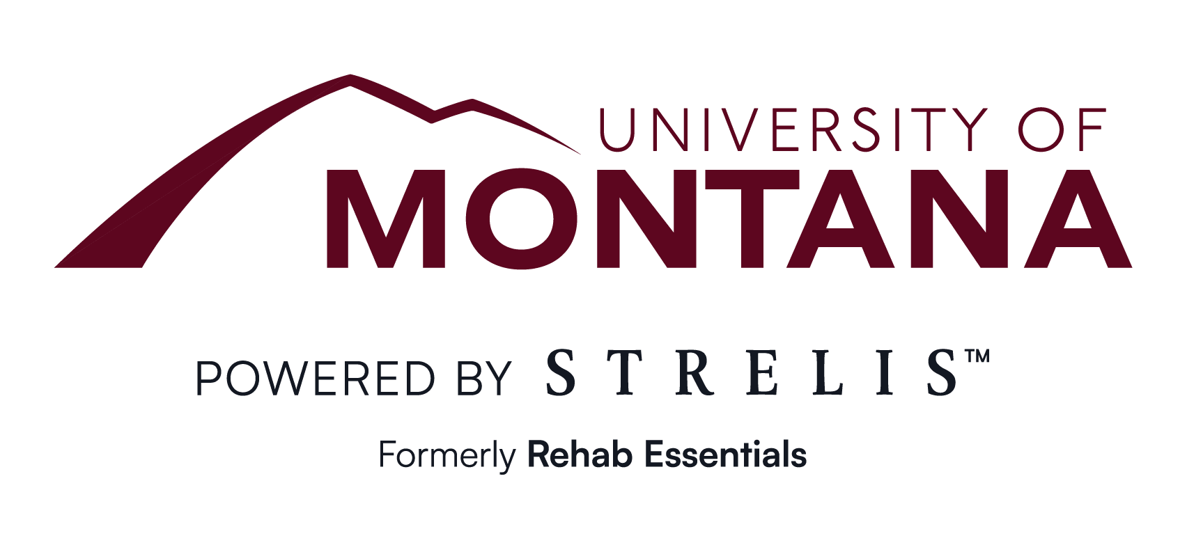 University of Montana logo with maroon mountain arc and text University of Montana and Powered by Stre lis with Formerly Strelis™, formerly Rehab Essentials beneath